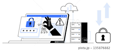 Cybersecurity, data privacy, digital encryption, cloud computing, identity protection, access control. Computer screen with lock, keys alerts server and cloud. Cybersecurity and data privacy Cybersecurity, data privacy, digital encryption, cloud computing, identity protection, access control. Computer screen with lock, keys alerts server and cloud. Cybersecurity and data privacy 135876882