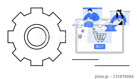 E-commerce, online shopping, digital transactions, cashback rewards, consumer behavior, business solutions. Gear symbol next to a monitor showing online purchase and user interaction. E-commerce E-commerce, online shopping, digital transactions, cashback rewards, consumer behavior, business solutions. Gear symbol next to a monitor showing online purchase and user interaction. E-commerce 135876888