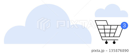 Cloud computing, online shopping, digital storage, e-commerce, retail, internet services. Minimalist shopping cart with a notification beside a cloud. Cloud computing and online shopping concept Cloud computing, online shopping, digital storage, e-commerce, retail, internet services. Minimalist shopping cart with a notification beside a cloud. Cloud computing and online shopping concept 135876890