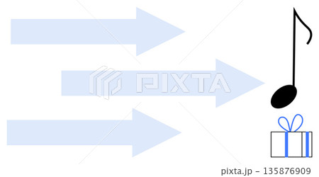 Music sharing, creativity flow, communication, gift exchange, symbolic icons, simplicity. Three arrows converge toward a musical note and gift box. Music sharing and creativity flow concept 135876909