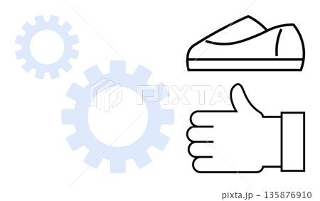 Productivity, workflow, manufacturing, innovation, success, industry. Gears, thumbs up hand gesture and a shoe outline. Productivity and workflow concept with focus on innovation and success 135876910
