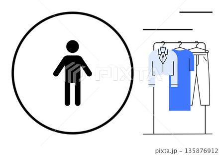 Fashion, clothing organization, minimalist design, wardrobe management, personal style, identity . A stick figure next to a clothes rack with shirts and pants. Fashion and clothing organization 135876912
