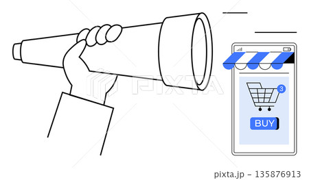 E-commerce, online shopping, digital search, customer behavior, mobile apps, purchasing decisions. Hand holding telescope gazing at a smartphone showing a shopping cart. E-commerce and online E-commerce, online shopping, digital search, customer behavior, mobile apps, purchasing decisions. Hand holding telescope gazing at a smartphone showing a shopping cart. E-commerce and online 135876913