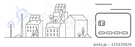 Renewable energy, sustainability, eco-living, green finance, environmental conservation, urban development. Buildings with solar panels and wind turbines next to a credit card. Renewable energy 135876926