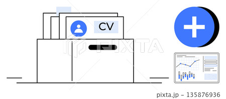 Recruitment, HR processes, career management, employee selection, data analysis, hiring trends. A folder with CVs, analytics charts and a blue plus icon. Recruitment and HR processes illustration Recruitment, HR processes, career management, employee selection, data analysis, hiring trends. A folder with CVs, analytics charts and a blue plus icon. Recruitment and HR processes illustration 135876936