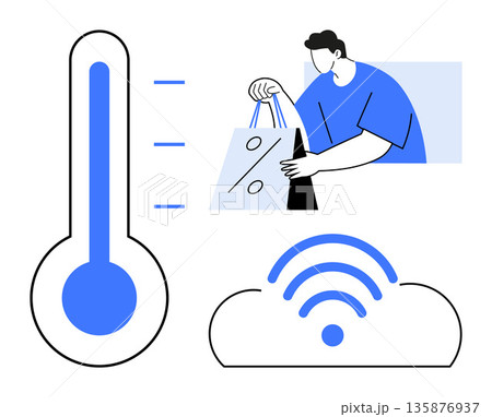 E-commerce, discounts, online connectivity, shopping habits, seasonal sales, digital marketing. A person with a shopping bag, thermometer and wireless cloud symbol. E-commerce and discounts concept E-commerce, discounts, online connectivity, shopping habits, seasonal sales, digital marketing. A person with a shopping bag, thermometer and wireless cloud symbol. E-commerce and discounts concept 135876937