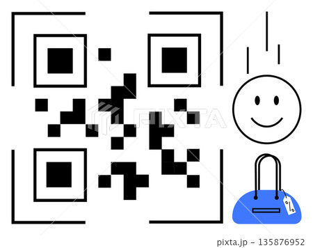 Digital payment, ecommerce, online shopping, transaction security, marketing codes, modern retail. A QR code with a happy face and a handbag. Digital payment and ecommerce Digital payment, ecommerce, online shopping, transaction security, marketing codes, modern retail. A QR code with a happy face and a handbag. Digital payment and ecommerce 135876952