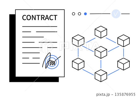 Blockchain technology, smart contracts, digital security, legal agreements, decentralized systems, fintech innovation. Signed contract with blockchain network illustration. Blockchain and smart Blockchain technology, smart contracts, digital security, legal agreements, decentralized systems, fintech innovation. Signed contract with blockchain network illustration. Blockchain and smart 135876955