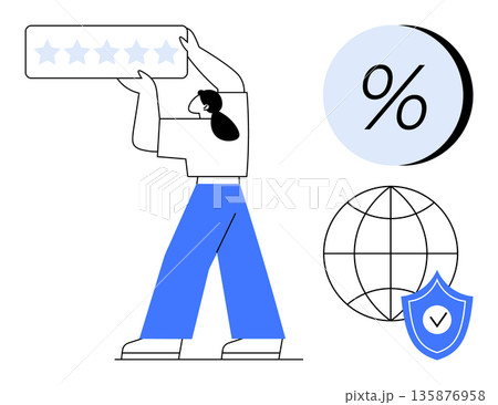 Customer satisfaction, internet security, financial management, global outreach, business growth, and user trust. Woman holding five-star rating, percentage symbol globe shield. Customer Customer satisfaction, internet security, financial management, global outreach, business growth, and user trust. Woman holding five-star rating, percentage symbol globe shield. Customer 135876958