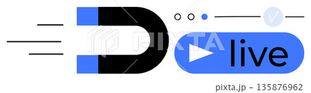 Live streaming, content creation, digital media, broadcasting, online engagement, modern technology. Magnet with arrows, play button and live text. Live streaming and digital media concept 135876962