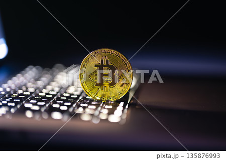 Bitcoin coin on keyboard with nice background. Crypto money concept. Bitcoin coin on keyboard with nice background. Crypto money concept. 135876993