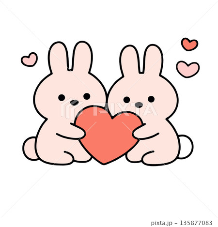 Two cute cartoon rabbits holding red heart, surrounded by small pink and red hearts, on white 135877083
