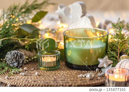 Cozy Christmas composition. Christmas candle. Cozy Christmas composition. Christmas candle. 135877101
