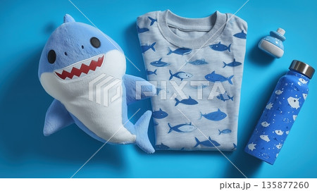 Shark Week. Cute blue shark plush toy beside a patterned t-shirt featuring fish designs, with a water bottle and small container on a vibrant blue background, showcasing playful children's apparel 135877260