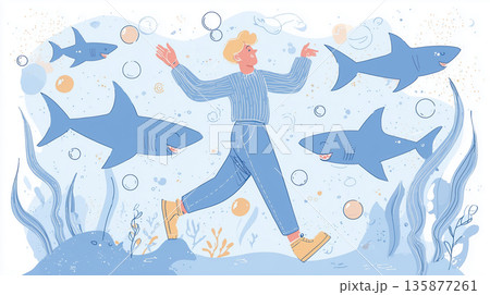 Shark Week. Illustration of a cheerful young man walking through an underwater scene surrounded by friendly sharks, bubbles, and colorful seaweed, creating a whimsical aquatic atmosphere 135877261