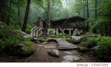 nature retreat. Rustic cabin nestled in a lush forest, surrounded by greenery and large rocks, featuring a wooden walkway leading to the entrance, creating a serene retreat atmosphere 135877263