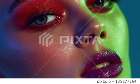 Close-up portrait of a woman with vibrant makeup featuring bold colors, showcasing artistic expression and beauty in a striking, colorful lighting environment 135877264