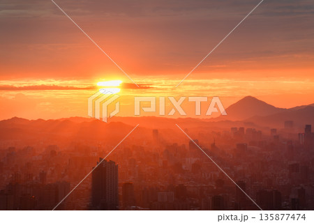 Dadao Mountain Shulin Taiwan Sunrise Golden Sun Orange Sky Taipei Silhouette. 135877474