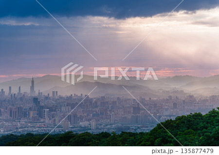 Dramatic Rain and Light over Taipei from Shulin Dadao Mountain. 135877479