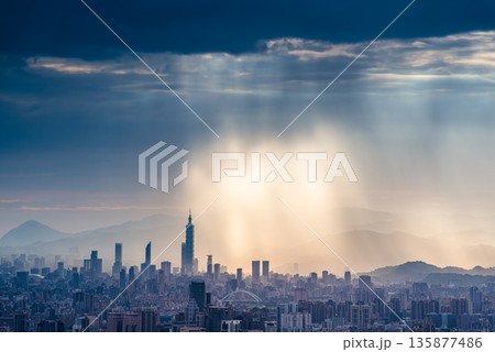 Dramatic Rain and Light over Taipei from Shulin Dadao Mountain. 135877486