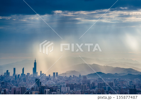 Dramatic Rain and Light over Taipei from Shulin Dadao Mountain. 135877487