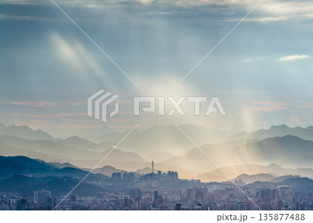 Dadao Mountain Shulin Taiwan Taipei Rain Clouds Dramatic Light Rays Summer. 135877488