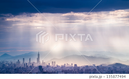 Dramatic Rain and Light over Taipei from Shulin Dadao Mountain. 135877494
