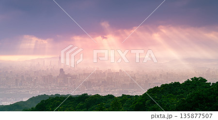 Dreamy Taipei City Dawn Panorama from Dadao Mountain Shulin Taiwan. 135877507