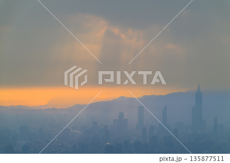 Dreamy Taipei City Dawn Panorama from Dadao Mountain Shulin Taiwan. 135877511