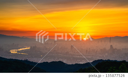 Taiwan Dadao Mountain Sunrise Over Taipei City Orange Pink Hazy Sky. Taiwan Dadao Mountain Sunrise Over Taipei City Orange Pink Hazy Sky. 135877526