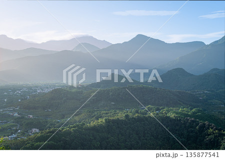 Taiwan Mountain Landscape Misty Morning Nantou Forest Scenery. 135877541