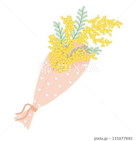 Bouquet of yellow mimosa wrapped in decorative paper with heart, tied with a ribbon. Floral illustration in a soft, elegant style for spring holidays 135877692