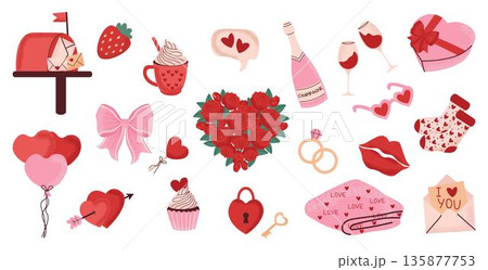 A collection of romantic Valentine's Day  love symbols. Cute hearts, roses, gifts, balloons, chocolates, wine glasses, and other love-themed objects 135877753