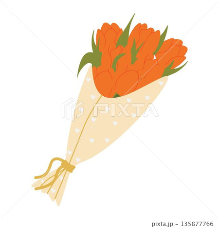 Bouquet of orange tulips wrapped in decorative paper with hearts, tied with a ribbon. Floral illustration in a soft, elegant style for spring holidays and Mother's Day Bouquet of orange tulips wrapped in decorative paper with hearts, tied with a ribbon. Floral illustration in a soft, elegant style for spring holidays and Mother's Day 135877766