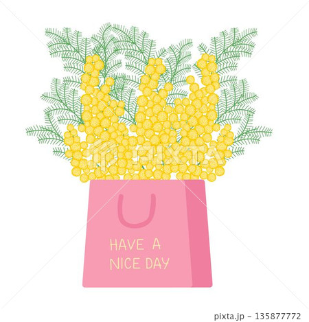 Bouquet of yellow mimosa in a pink gift box. Floral illustration in a soft, elegant style for spring holidays Bouquet of yellow mimosa in a pink gift box. Floral illustration in a soft, elegant style for spring holidays 135877772