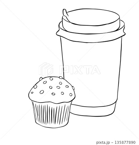 illustration of coffee and biscuits muffin composition hand drawn illustration. Vector graphic line ink Black and white art. design for fashion graphics, textile prints, fabrics, wallpapers. 135877890