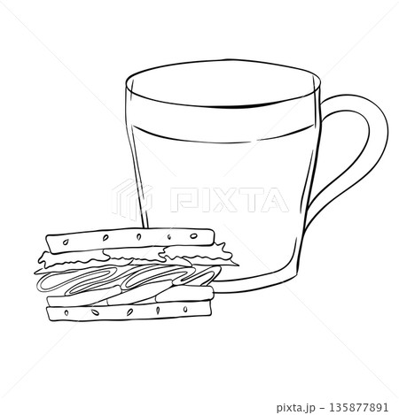 Coffee drink, food, coffee, cup, fast, lunch, sandwich, composition hand drawn illustration. Vector graphic line ink Black and white art. for package, holiday design, fabric and textile. 135877891