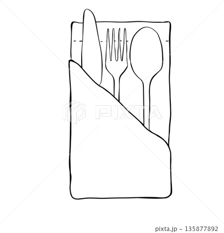 Hand drawn table setting. Outline illustration of napkin and cutlery. Vector illustration of doodle table setting. composition hand drawn illustration. Vector graphic line ink Black and white art. Hand drawn table setting. Outline illustration of napkin and cutlery. Vector illustration of doodle table setting. composition hand drawn illustration. Vector graphic line ink Black and white art. 135877892