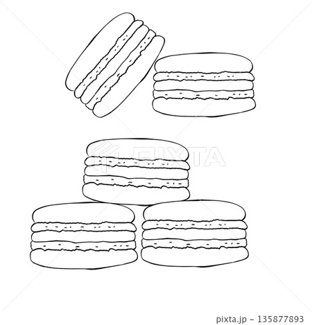 Colorful Macarons Stack Vector Illustration composition hand drawn illustration. Vector graphic line ink Black and white art. For logo, web, package, sticker. 135877893