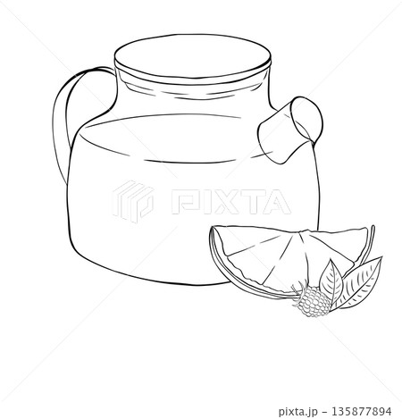 Glass teapot filled with warm red spiced tea containing orange slices, composition hand drawn illustration. Vector graphic line ink Black and white art. for cooking, condiment and culinary ingredient 135877894