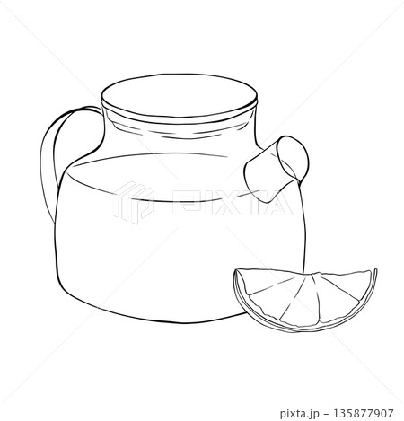 teapot with orange lemon slice composition hand drawn illustration. Vector graphic line ink Black and white art. for package, holiday design, fabric and textile. 135877907