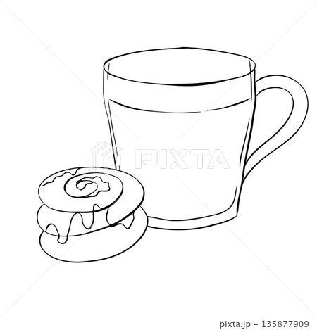 Vector sketchy illustration of takeaway disposable Coffee paper cup with glazed Cinnamon Roll composition hand drawn illustration. Vector graphic line ink Black and white art. 135877909