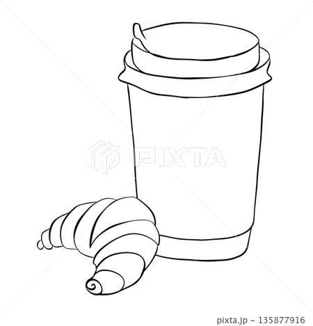 American croissant with coffee. Price tag or poster design. Set of vector illustrations. Typography. painting composition hand drawn illustration. Vector graphic line ink Black and white art. American croissant with coffee. Price tag or poster design. Set of vector illustrations. Typography. painting composition hand drawn illustration. Vector graphic line ink Black and white art. 135877916