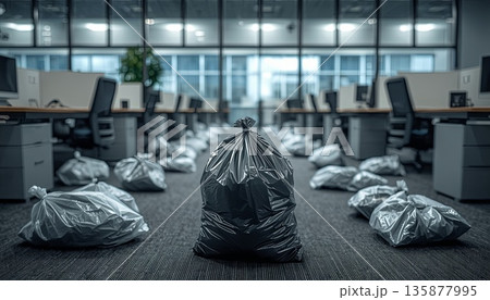 A huge number of filled trash bags in a modern office. The concept of excess consumption, offline work, and the transition to cloud storage. A huge number of filled trash bags in a modern office. The concept of excess consumption, offline work, and the transition to cloud storage. 135877995
