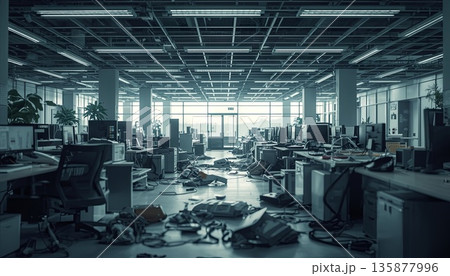 A broken monitor screen and computer unit in a modern office. Concept of overconsumption, offline work, and the transition to cloud storage. A broken monitor screen and computer unit in a modern office. Concept of overconsumption, offline work, and the transition to cloud storage. 135877996
