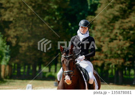Equestrian Sport, Woman Riding Horse in Dressage Competition, Outdoor Scene with Natural Green Background, Horseback Riding, Dressage Training, Equestrian Lifestyle Equestrian Sport, Woman Riding Horse in Dressage Competition, Outdoor Scene with Natural Green Background, Horseback Riding, Dressage Training, Equestrian Lifestyle 135878081