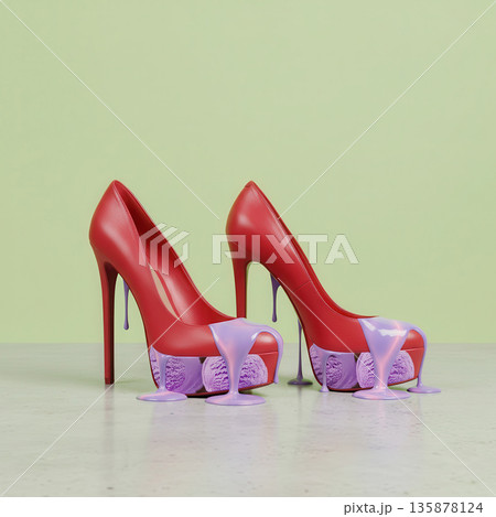 Stylish red high heels with unique purple and pink ice cream cone design, featuring melting ice cream drips, creating a playful and artistic footwear concept 135878124