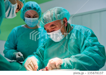 Surgeons In Green Scrubs Perform Delicate Surgery Under Bright Operating Room Lights During Medical Procedure 135878137