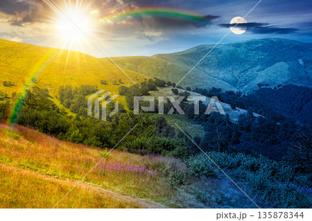 beautiful mountain landscape in summer. day and night time change concept. scenic view of green grassy hills with alpine forest with sun and moon at twilight. astrology wallpaper beautiful mountain landscape in summer. day and night time change concept. scenic view of green grassy hills with alpine forest with sun and moon at twilight. astrology wallpaper 135878344