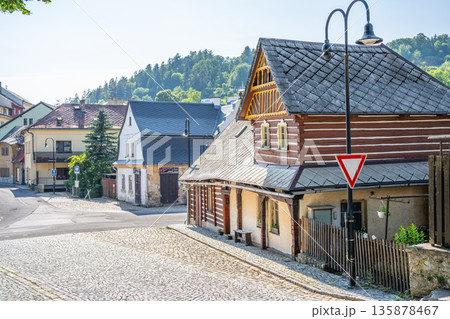 Rural timbered houses stand along the cobblestone street in Zelezny Brod-Travniky. Trees line the background as visitors explore the area under bright sunshine. Rural timbered houses stand along the cobblestone street in Zelezny Brod-Travniky. Trees line the background as visitors explore the area under bright sunshine. 135878467
